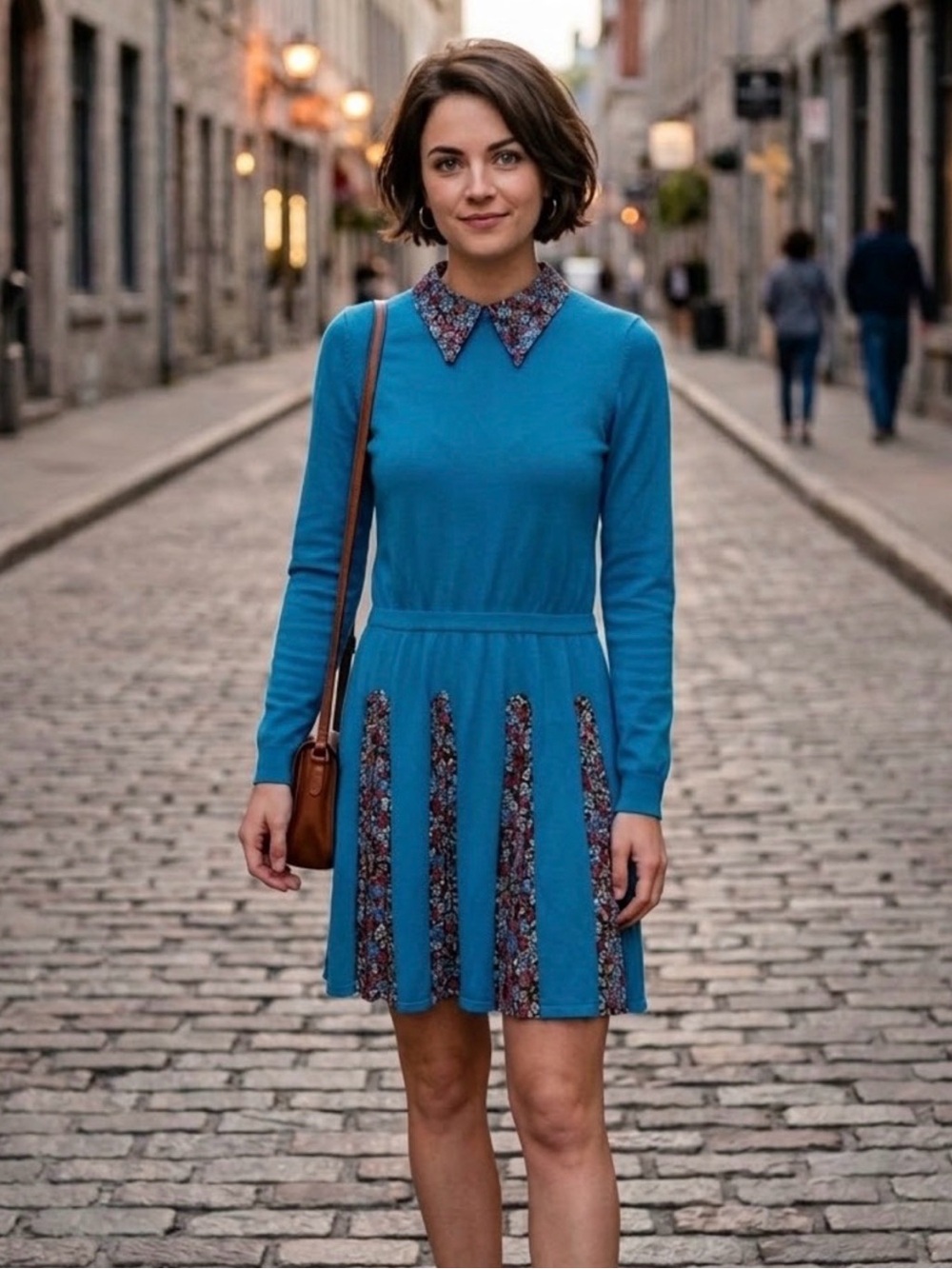 Teal Long-Sleeve Fit & Flare Dress with Floral Trim